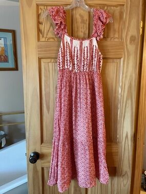 Jessica Simpson Pink Red Floral Midi Dress with Ruffled Straps